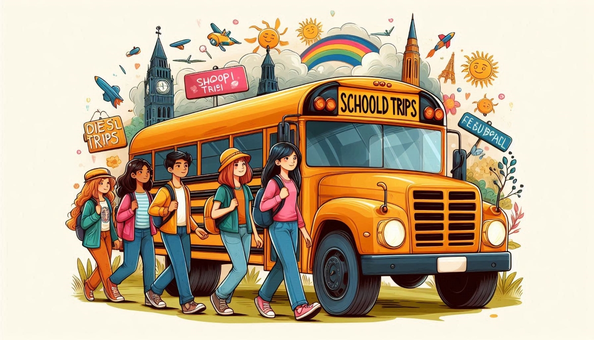 School children getting on bus illustration